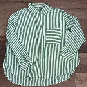 French Connection Green and White Striped Relax Fit Shirt Size Medium